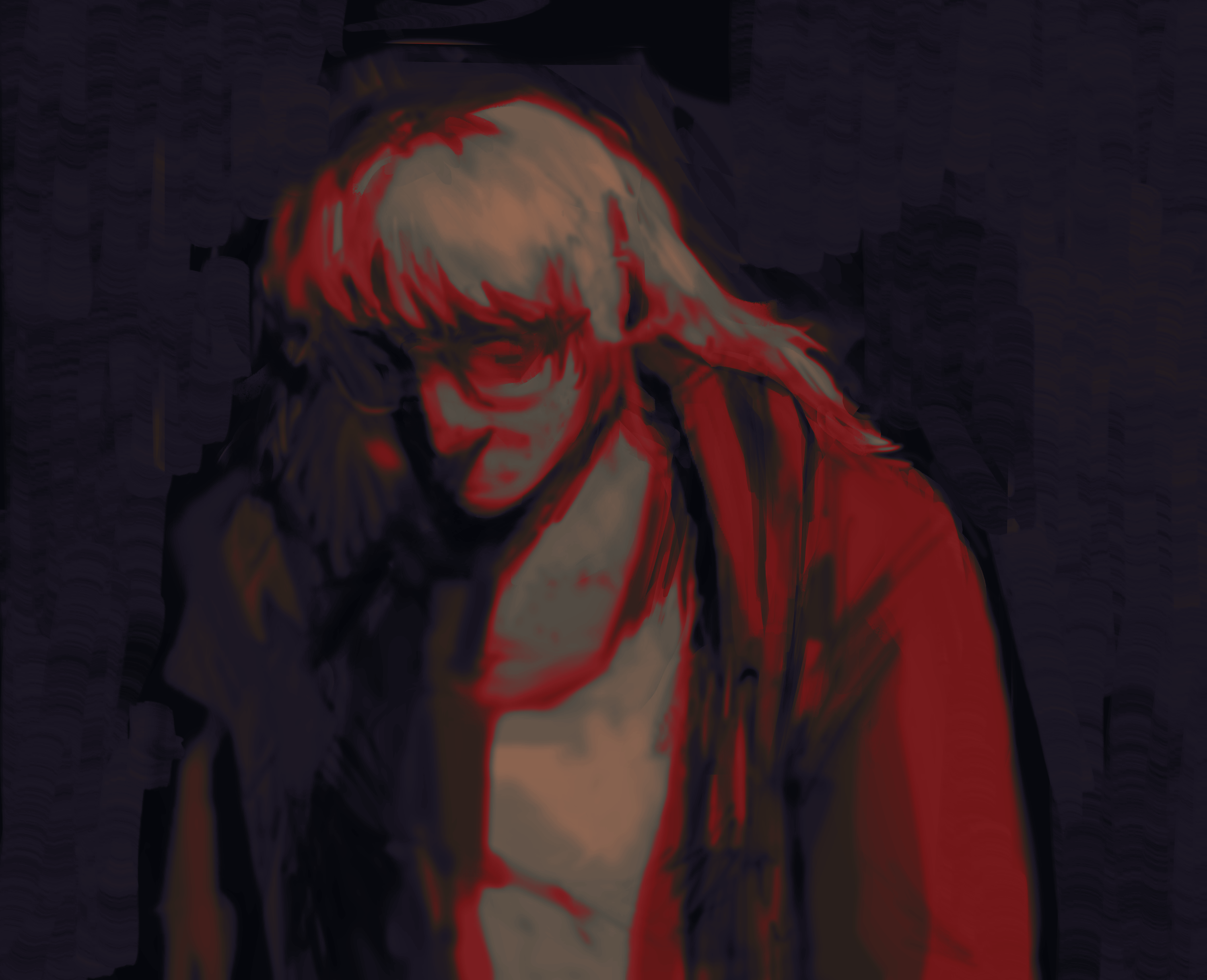 A digital painting with a teal, dark blue, and bright red color palette depicting a woman with her head down cast in heavy shadows