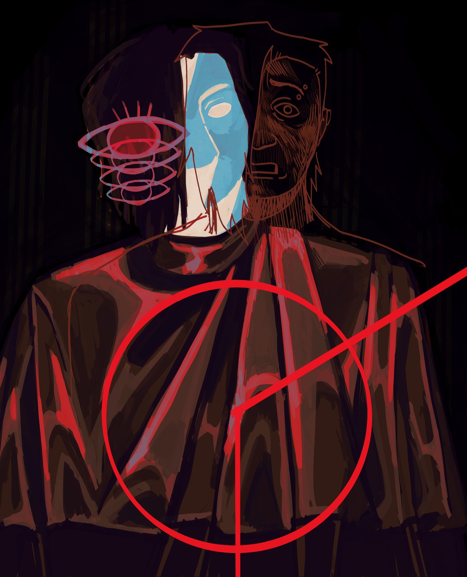A digital painting of a man with long, dark hair and empty eyes overlayed by a line-drawing of the same man looking frightened. Other elements include overlapping eye-shapes and a circle with two lines through it.