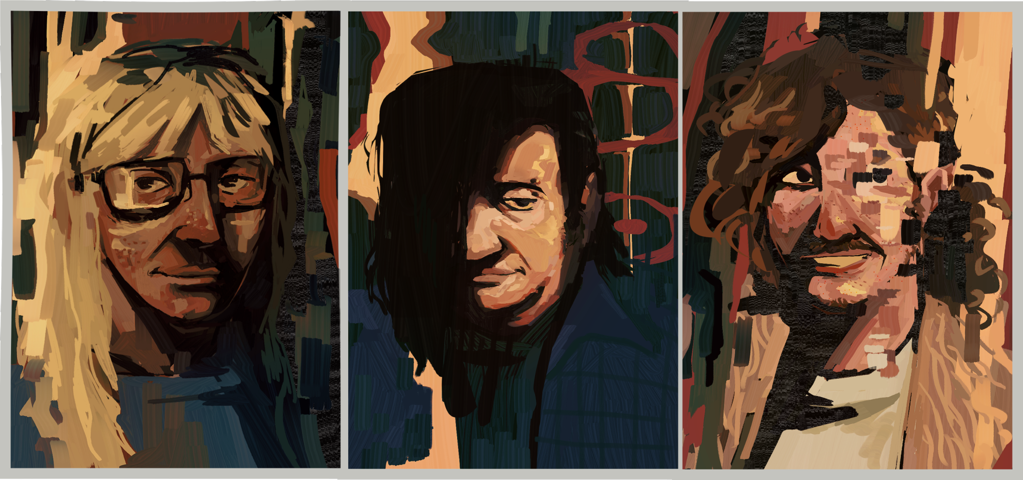 Three portraits in a chunky painted style