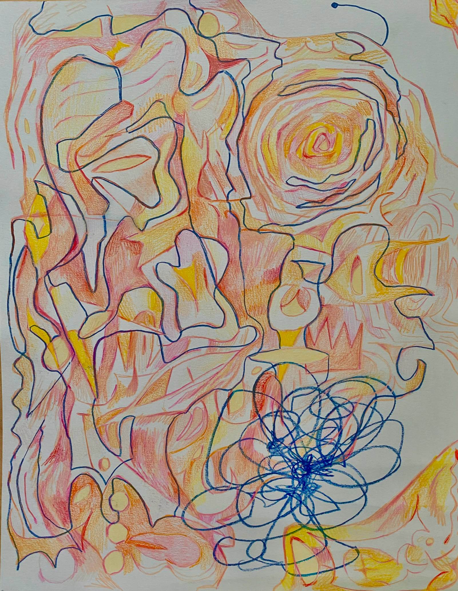 An abstract colored pencil drawing that shows strange shapes and curves in pink, orange, and yellow, witha  tangled dark blue line flowing between them.