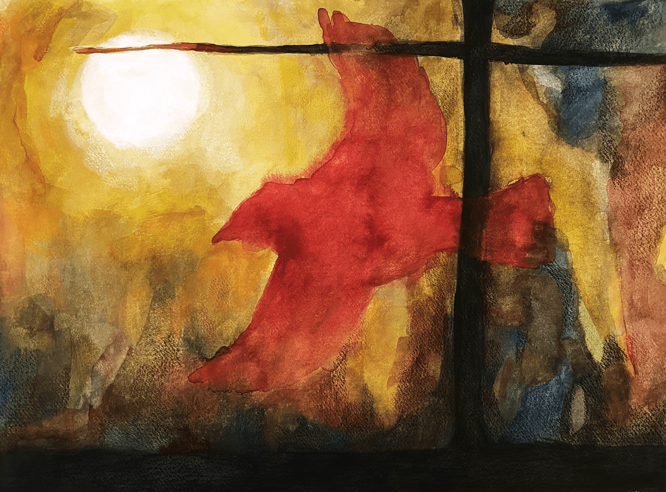 A loose, impressionistic watercolor piece featuring a bright sun, yellow glow, and the red silhouette of a bird flying past a dark cross.