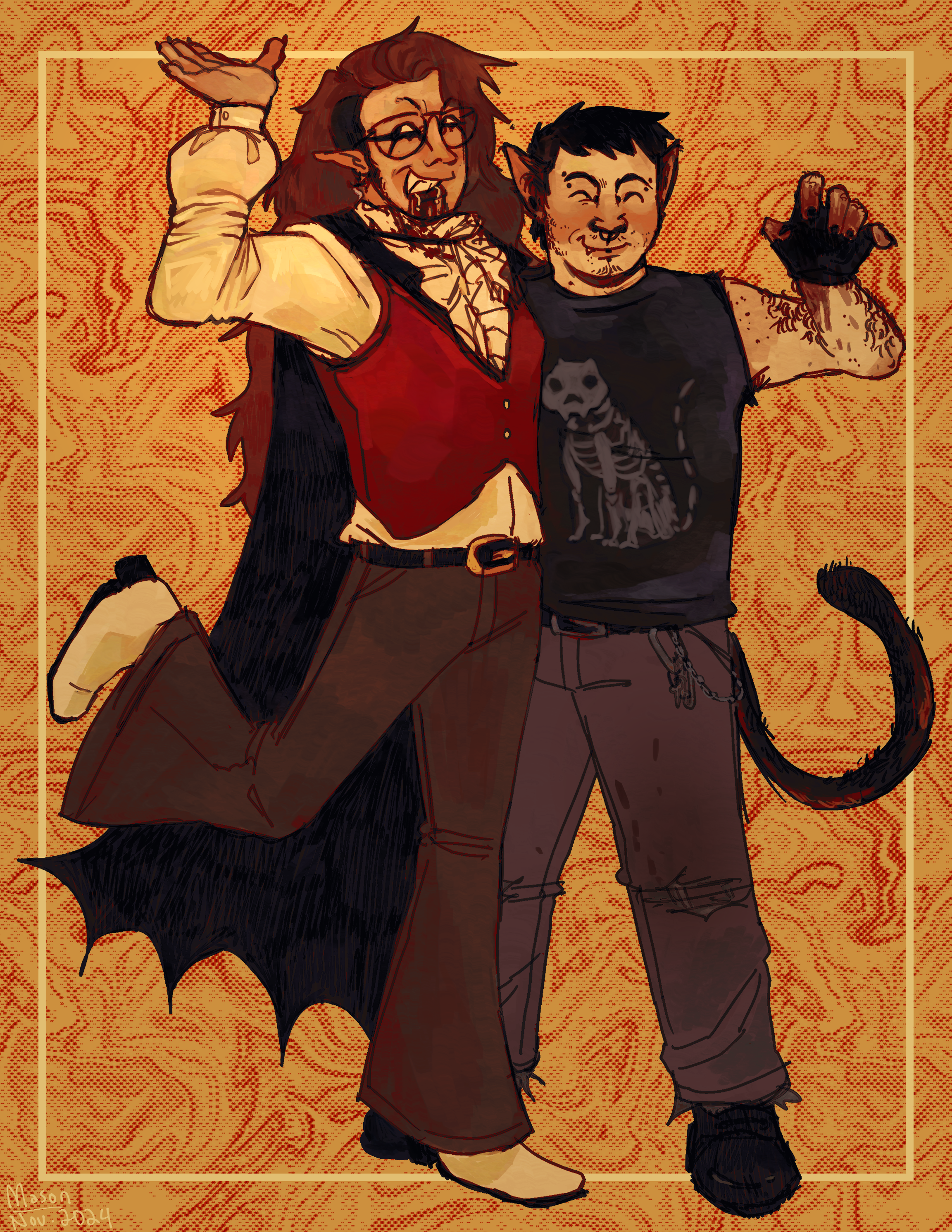 Two people standing close together on a yellow background looking jovial. One is taller and has long, red hair, wearing classic fancy vampire garb. The other has short, dark hair and monsterous cat-like traits, wearing dark grungy clothing.