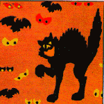 A cartoony black cat with its fur puffed out on an orange background with several black bat silhouettes and yellow flashing eyes