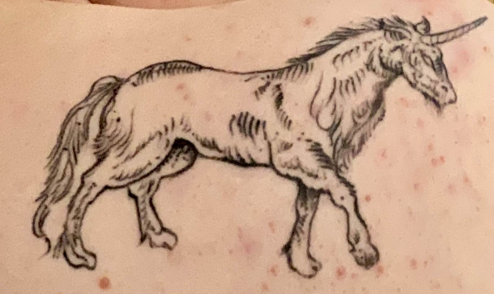 a slightly fuzzy image of a healed tattoo depicting a unicorn with a curved horn, overgroun fur, and bulky build