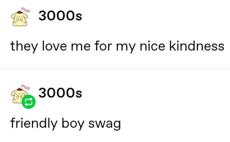 Tumblr post from @3000s that reads 'they love me for my nice kindness, friendly boy swag'